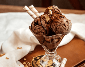 Chocolate Ice Cream With Nuts, Wafer Rolls